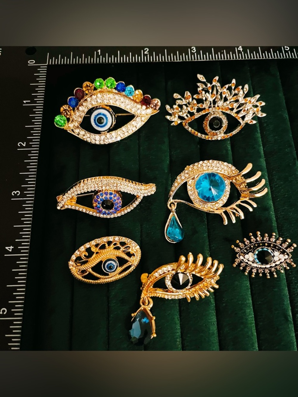 Vintage Style Evil Eye Brooch Lot 7 Gold Tone Rhinestone Crystal Pins Blue Black